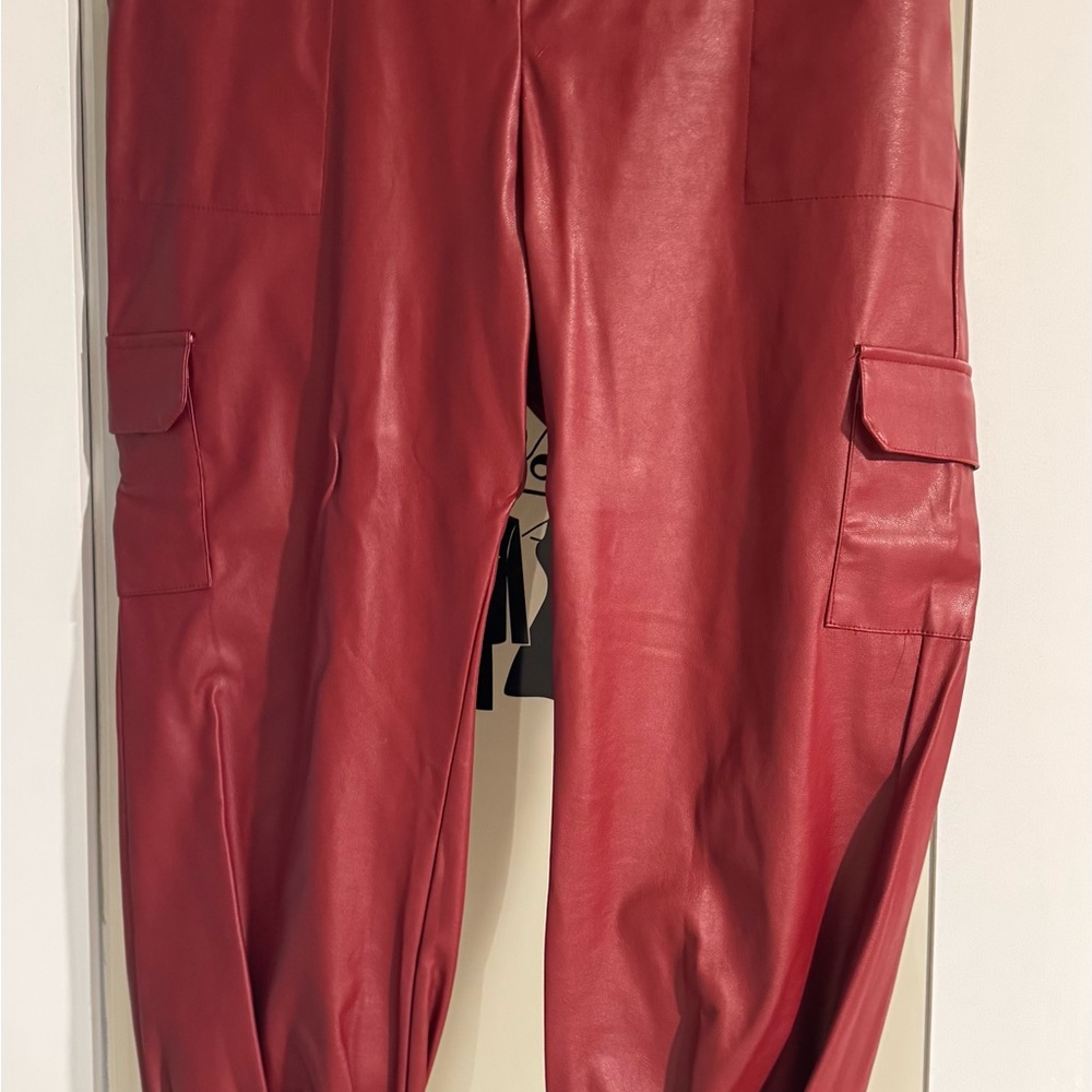 New York & Company Red Faux Leather Cargo Pants